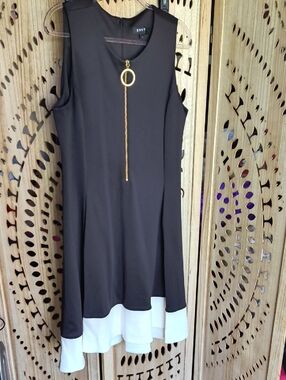 DKNY Black Dress with White Hem and Gold Pendant Zip